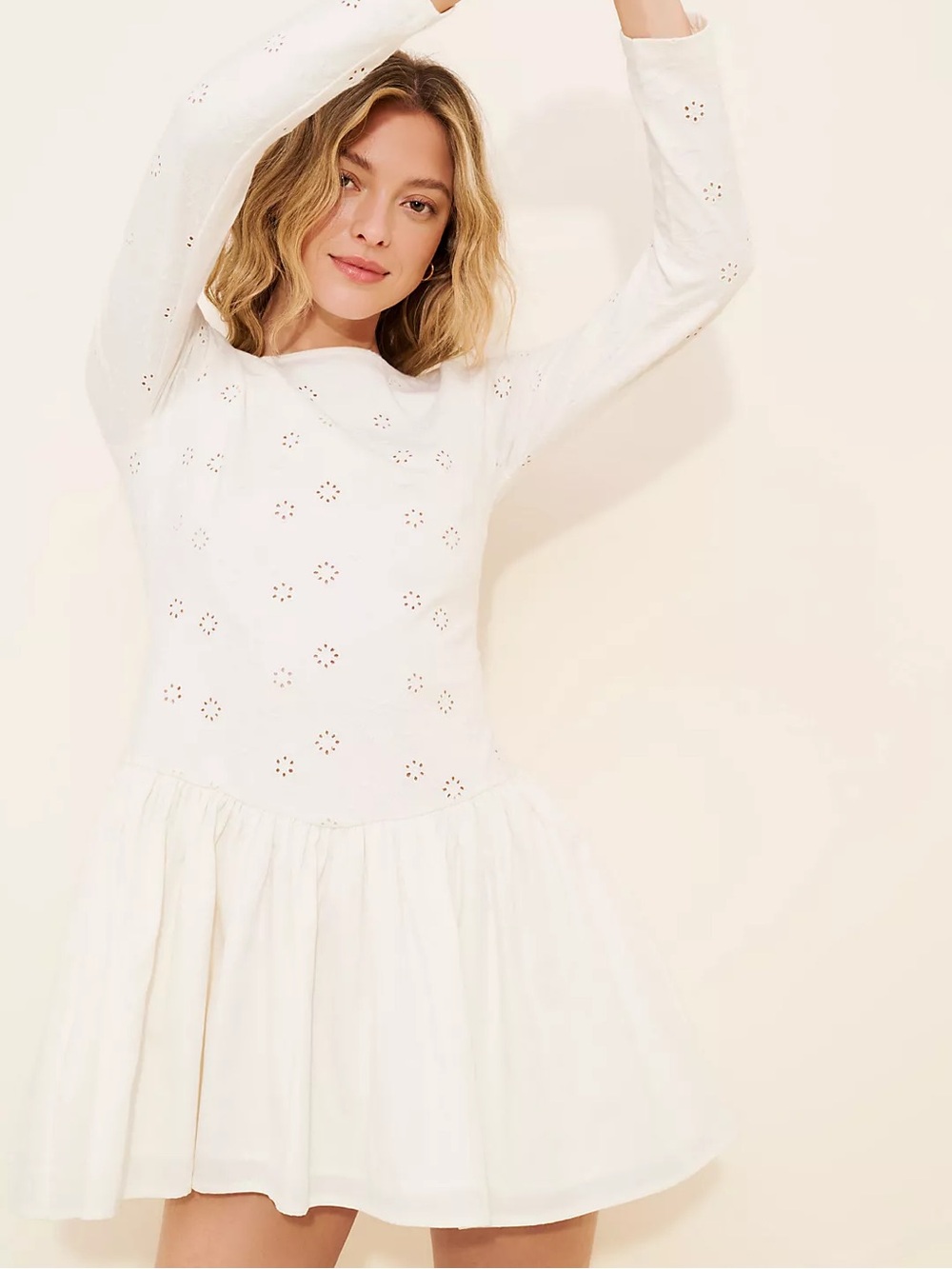 Free People Surley Mini Dress White Eyelet Long Sleeve NWT